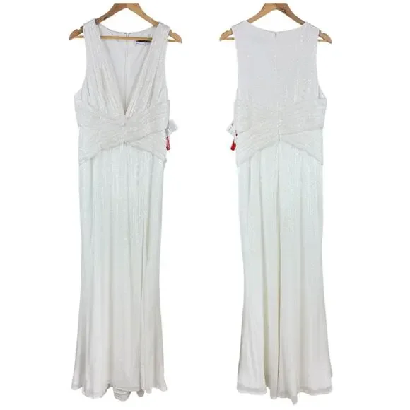 Mac Duggal NWT V-Neck Sequin Wrap Waist Gown White Side Slit Size 2 Sleeveless - Picture 3 of 8